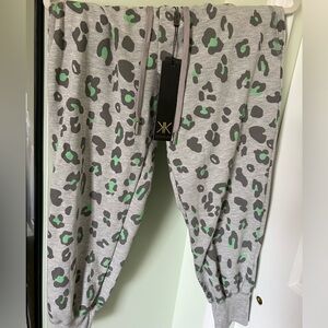 Kardashian Kollection Gray and Green Leopard Print Joggers Sweatpants Small